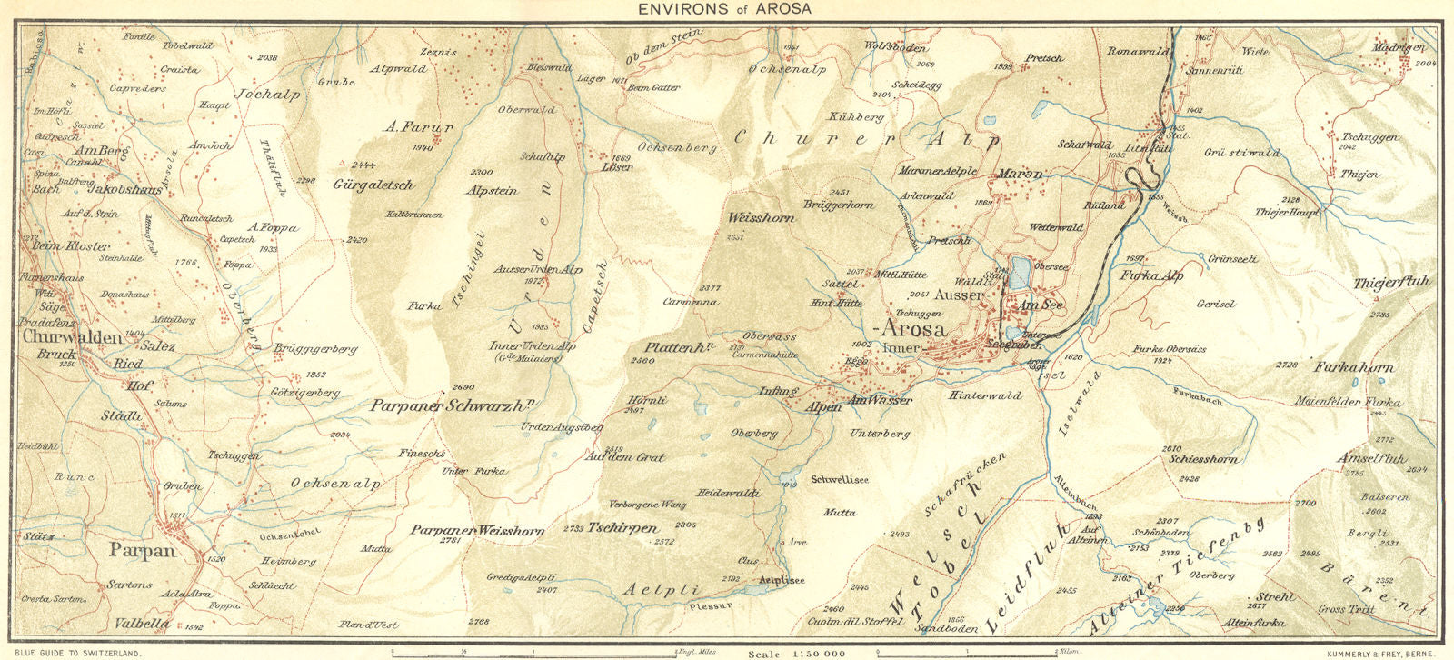SWITZERLAND. Environs of Arosa 1923 old antique vintage map plan chart